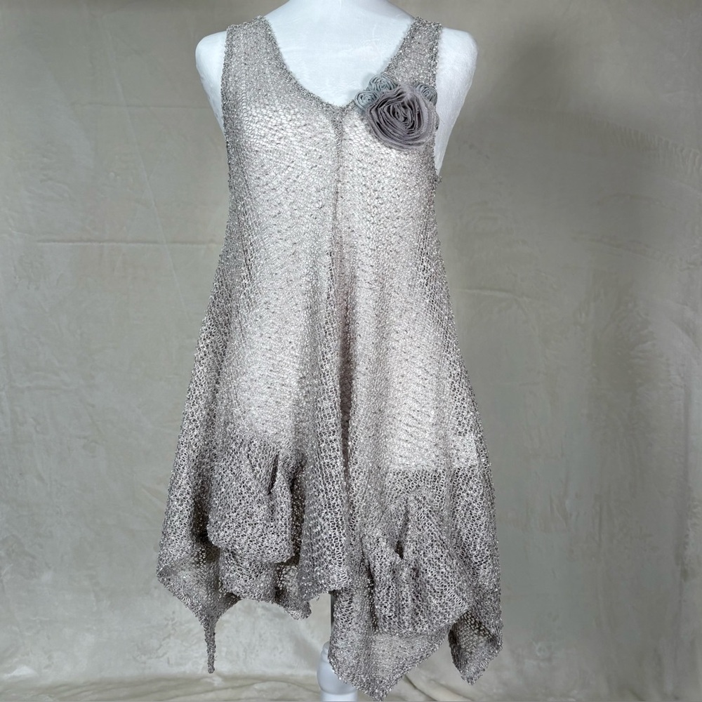 Adorn Women Boho Tank Dress Tunic Top Open Knit Sequins Sheer Light Gray sz L/XL